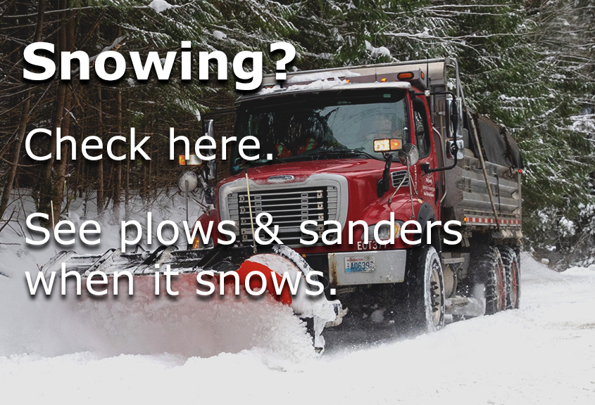 Plow truck image with a message - Snowing? Check here. See plows & sanders when it snows.
